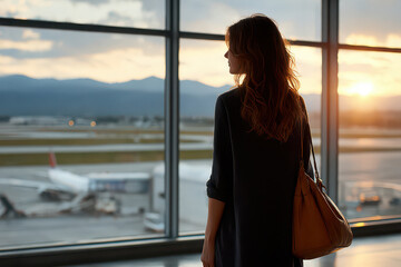 People looking at the view with airplane in the sky at the terminal in the airport.