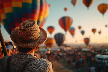 People are watching the beautiful view of balloons in the sky.