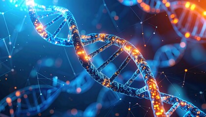 Futuristic digital dna strand illuminated with blue and orange light representing biotech research human genome editing and technological evolution