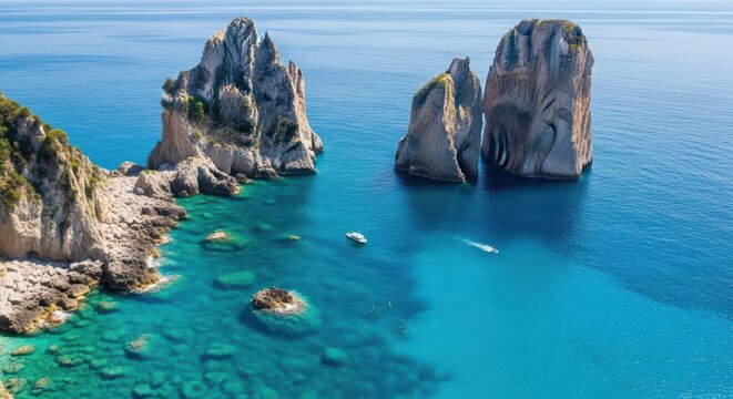 Stunning coastal rock formations with blue sea and boats in capo san andrea, italy - Powered by Adobe