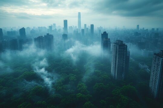 Morning Mist Over Green Urban Forest