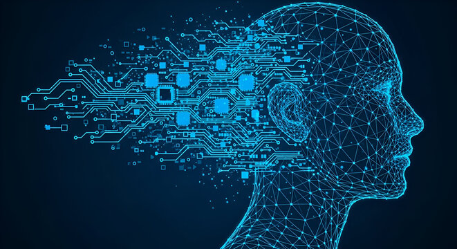 Digital Human Head with Circuitry and Data Flow artificial intelligence - Powered by Adobe