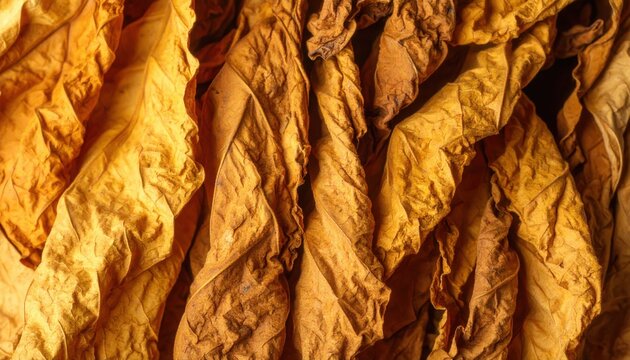 Dried tobacco leaves with rich golden texture symbolizing tradition, agriculture, harvest, and cultural history tied to smoking and global trade
