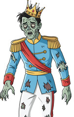 Cartoon zombie king illustration, undead royal character, horror regal outfit, creepy crown figure, decayed military style, eerie monarch art, dark fantasy concept
