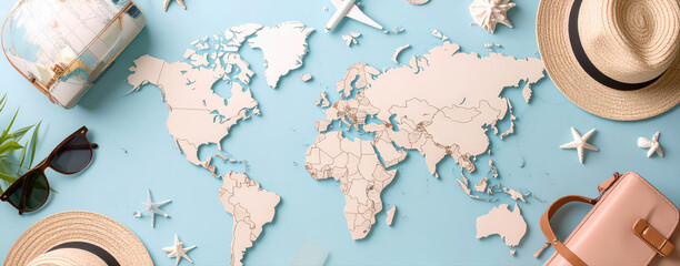 Close up photography of a map with other holiday gear is placed on a table.