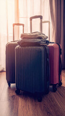Close up suitcases and travel essentials being packed into bags.