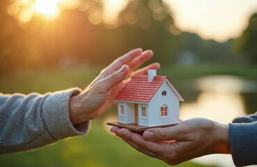 Elderly hand offers small house model to younger hand outdoors. Symbol of transferring property, inheritance, and home ownership between generations. Warm sunlight illuminates the transfer.