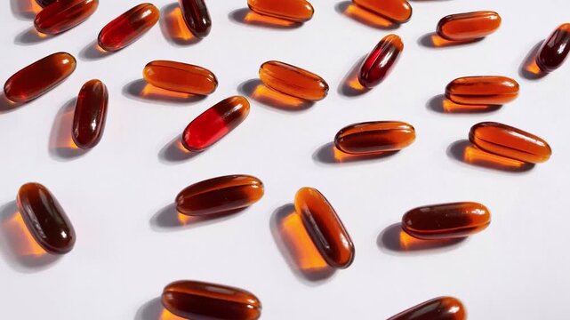 Food supplement oil filled capsules on white background.  Capsule pills rotating