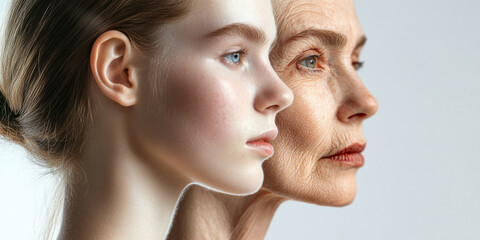 Portrait of a woman in her youth and in her maturity, the concept of age, health, and facial changes with age