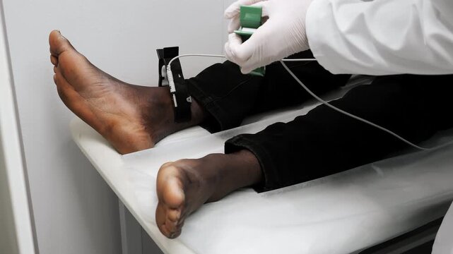 Doctor connects ECG electrodes to patients chest during cardiology examination in modern hospital environment.