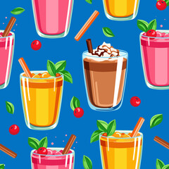 Soft drinks and cocktails seamless pattern. Cocktails summer seamless pattern background. Summer template for wrapping paper, textile, wallpaper and cards design