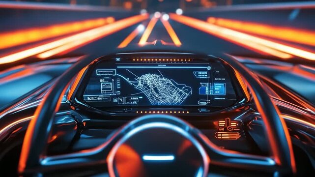Futuristic car heads-up display showcasing speed and navigation in a vibrant urban setting