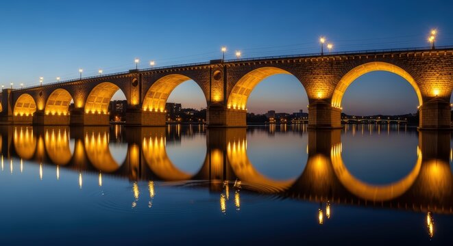 Illuminated stone bridge arches over calm river at dusk with beautiful reflections