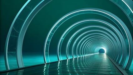 Fototapeta premium Futuristic Teal Glowing Tunnel with Arched Metal Frames and Reflective Floor Leading to Bright Exit