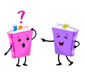 Cute book character. Books talking to each other. Book characters, mascots, cartoon illustration isolated on white. Children's books with smiling faces, arms and legs, education concept.
