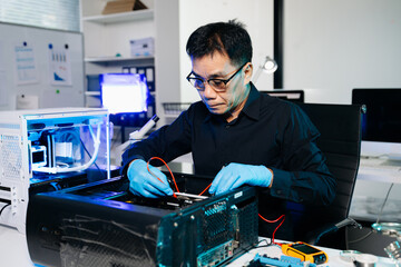 Professional IT technician repairing PC hardware in modern technology lab, symbolizing innovation, computer maintenance, and electronic engineering.