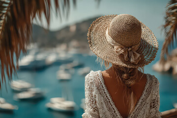 Photography of a beautiful woman enjoying the view and walking on a beautiful beach in a resort area during her holiday vacation.