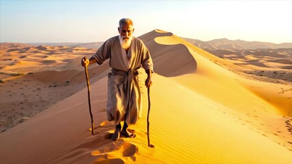 Biblical Scene of Israelites Marching Around Jericho Walls. ancient biblical figure on journey, religious history footage,
Old man with staff walking on sand dunes. Moses Observing the Burning Bush - Powered by Adobe