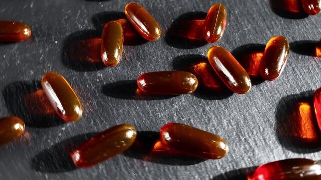 Food supplement oil filled capsules on black background.  Capsule pills rotating