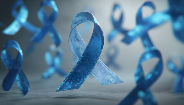 A collection of blue awareness ribbons floats in theair, symbolizing Movember nd men's mental health awaeness