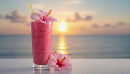 Refreshing pink smoothie with hibiscus flowers at sunset by the sea  