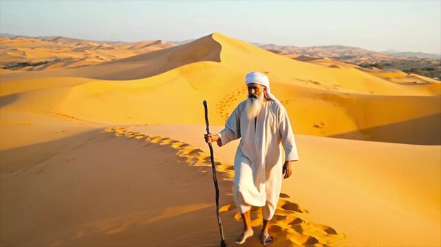 Biblical Scene of Israelites Marching Around Jericho Walls. ancient biblical figure on journey, religious history footage,
Old man with staff walking on sand dunes. Moses Observing the Burning Bush