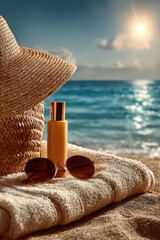 Close up photography of a hat, sunglasses and other beach accessories on a towel on the sand of a beautiful beach.