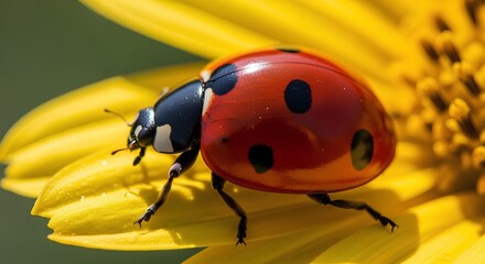 Ladybug on Yellow Flower Petal Macro Shot with Sun Reflection