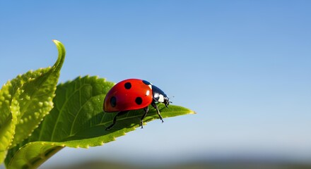Ladybug on Leaf Edge with Clear Blue Sky Background