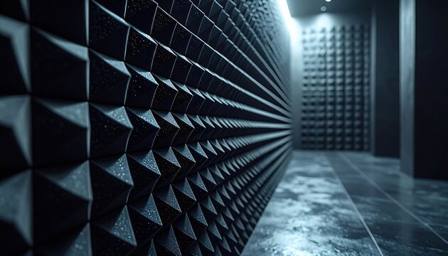 Futuristic soundproof room with pyramid acoustic foam paneling representing innovation, focus, and cutting edge architecture in modern technology design