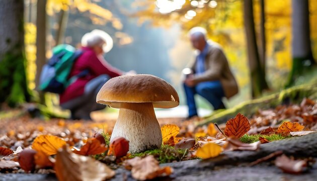 Close-up of a mushroom in a forest with two blurred people in the background.