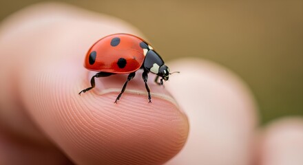 Ladybug Resting on a Human Finger Macro Shot