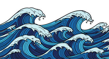 Stylized illustration of powerful blue ocean waves with white sea foam in a traditional Japanese art style