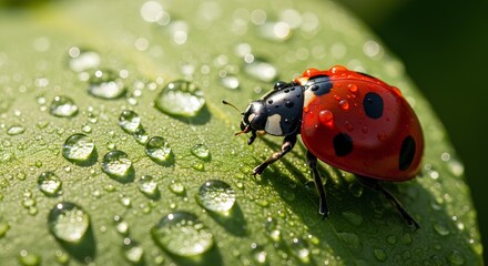 Ladybug on a Wet Leaf Reflecting Sunlight with Water Droplets