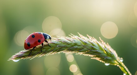 Ladybug on Curved Grass Stem with Soft Green Bokeh