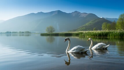 Serene mountain lake reflects majestic peaks under a clear blue sky with two elegant swans gracefully gliding on the calm water