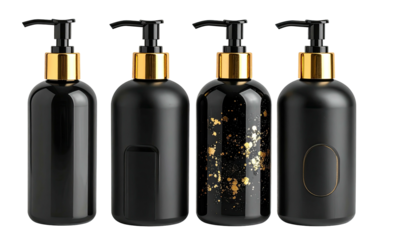 Black bottles with golden accents in a neat row on black