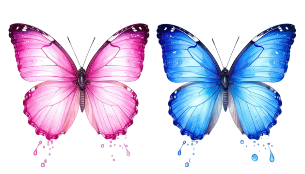 Two butterflies; pink and blue, droplet trail on a black background