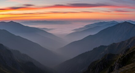 Fototapeta premium Panoramic view of mountain range during twilight with colorful sky in scenic landscape setting