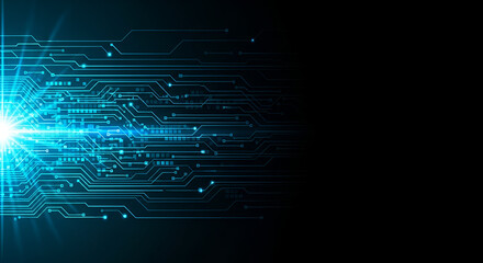 Fototapeta premium Glowing Blue Circuit Board Lines Extending to the Right