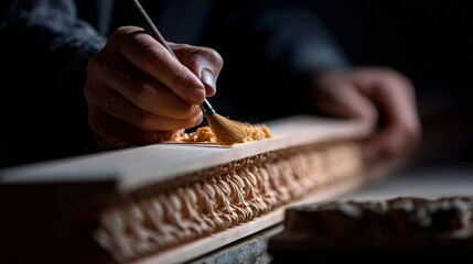Close-up of hands expertly carving intricate wood designs with fine detail and precision