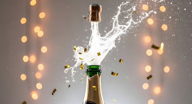 Dramatic sparkling wine bottle pop with effervescent liquid and golden confetti burst against a festive bokeh background, perfect for celebration and triumph and new beginnings - Powered by Adobe