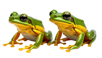 Two green and yellow frogs isolated on black