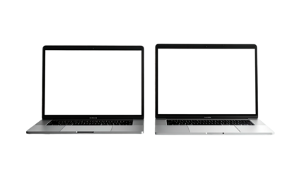 Two laptops stand, displays dark, set against a dark background