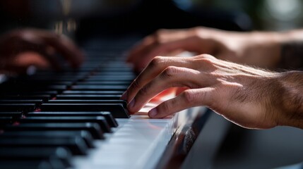 Obraz premium Close-up of hands playing a piano with emphasis on the artistry and skill of finger placement on the keys