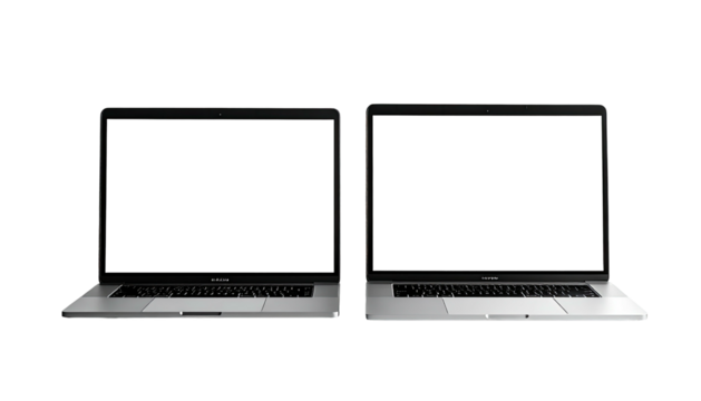 Two laptops stand, displays dark, set against a dark background