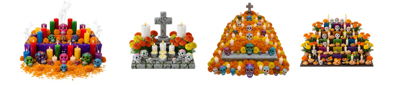 Four ofrendas decorated with skulls candles and marigolds for day of the dead celebration on transparent background