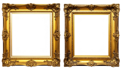 Two ornate, empty, gold-colored picture frames on a white background
