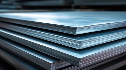 Stack of metal sheets in an industrial setting reflecting light on their polished surfaces