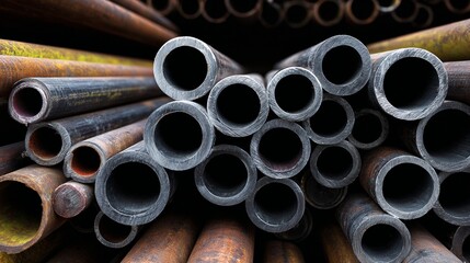 Close-up view of various sized industrial metal pipes stacked and organized together